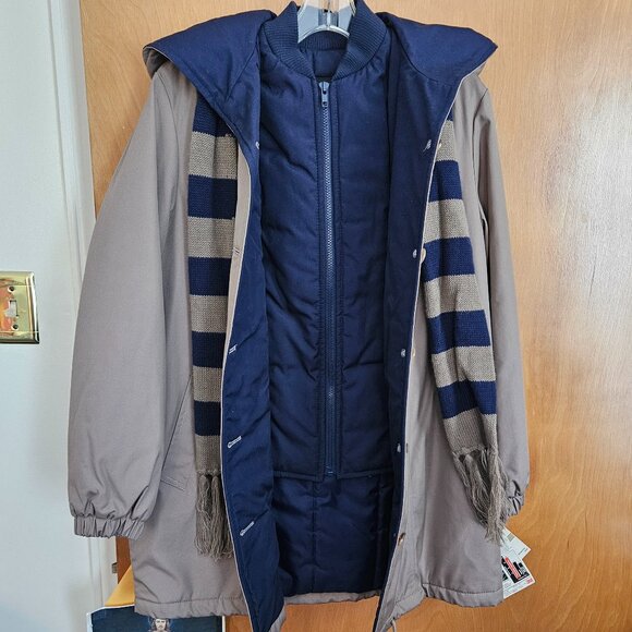 London Fog "Rita" Woman’s Taupe/Navy Winter Jacket with Scarf - 10 Regular - Picture 1 of 16